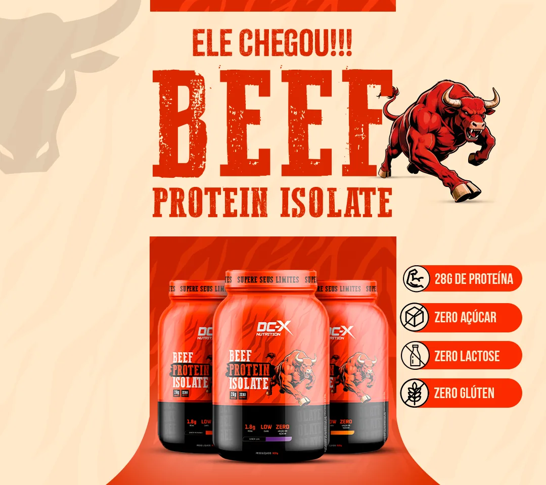 Beef Protein Isolate DCX Nutrition: 28 g de proteína, zero açúcar, zero lactose e zero glúten